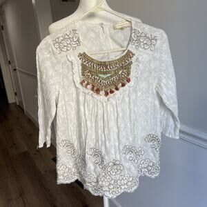 Anthropologie Beaded Top White Beaded Embroidered Indian Boho Date Party Size S